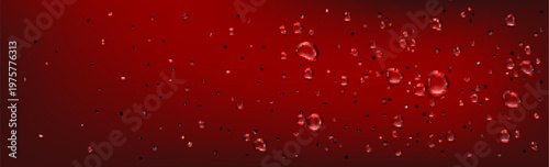 Realistic water drops splash on red surface, transparent droplets, 3d vector illustration on scarlet background. Fresh moisture effect and condensation texture, rain or shower pattern with reflection