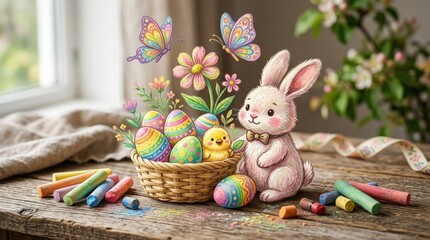 A cute Easter set with bunny, egg, butterfly, flower and chick, rainbow crayon colors and playful chalk clipart sweetness, ultra-realistic, no logos.