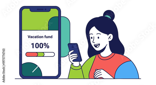 Woman achieving vacation savings goal on mobile banking app