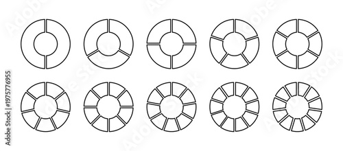 Wheel round divided two, three four five six seven eight nine ten eleven segments. Circle division on 2, 3, 4, 5, 6, 7, 8, 9, 10, 11 equal parts. Coaching blank. Infographic diagrams.