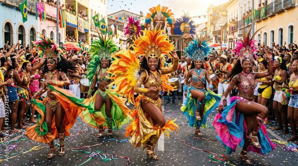 Fototapeta premium A group of dancers at a Brazilian carnival celebration, flowing costumes, dynamic motion, glowing sunlight, rich tropical colors, music-filled and electrifying atmosphere, ultra-realistic, no logos.