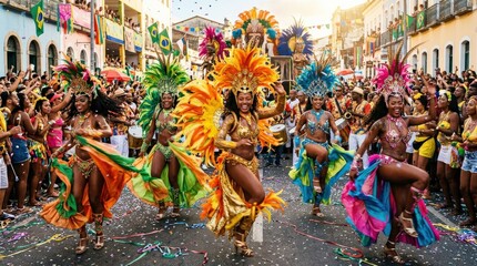 A group of dancers at a Brazilian carnival celebration, flowing costumes, dynamic motion, glowing sunlight, rich tropical colors, music-filled and electrifying atmosphere, ultra-realistic, no logos.