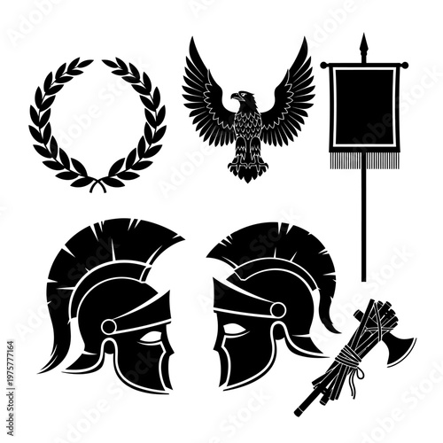 Ancient Roman Symbols Set: Eagle, Helmets, Wreath, Banner, and Fasces Vector Collection