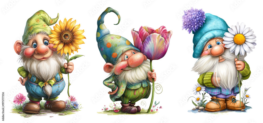 Obraz premium Cute garden gnomes with flowers, illustration set isolated, ai generated image
