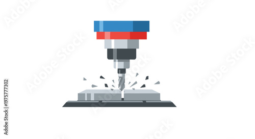 A vertical industrial drill press bores into a flat metal plate, creating flying debris and sparks while demonstrating a precise metal fabrication process.