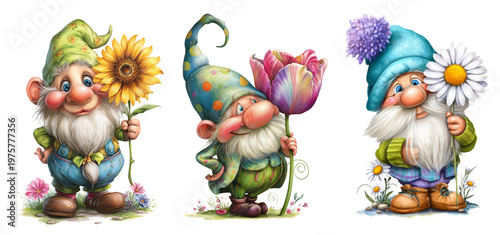 Cute garden gnomes with flowers, illustration set isolated, ai generated image