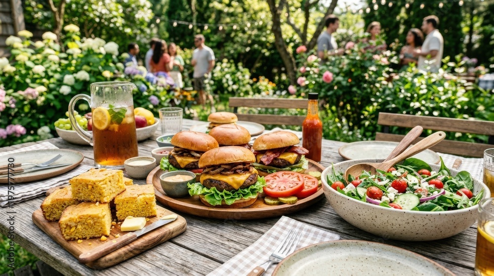 Fototapeta premium Outdoor dining spread with burgers, cornbread, and fresh salad arranged on a wooden table, lettuce and tomatoes vividly detailed, casual spring-summer gathering vibe, bright natural light,