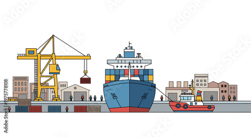 Bustling industrial shipping port features a massive cargo vessel, a tall yellow crane loading containers, and a small red tugboat in a busy harbor area.