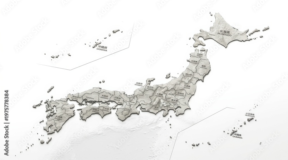 Obraz premium A map of Japan divided by prefecture, shown as a clean photorealistic geographic object with subtle relief and balanced composition, isolated on white, ultra-detailed, 8K,no logos