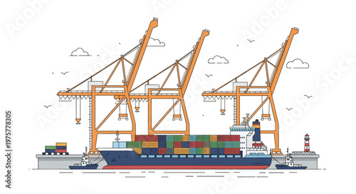 Large cargo ship docked at a busy industrial port with three tall orange cranes loading containers under a clear sky in a minimalist vector graphic style.