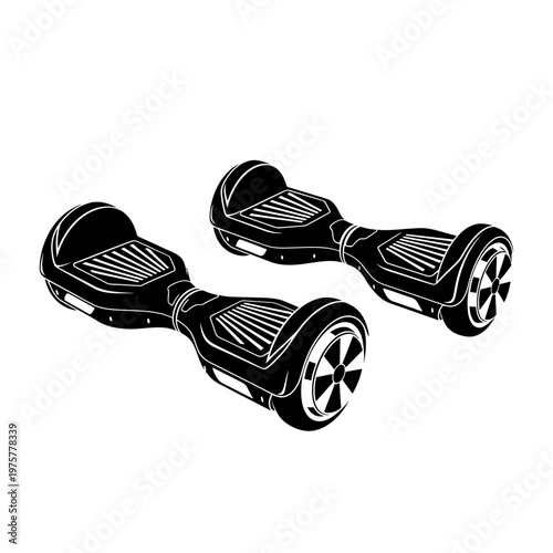 Two black hoverboards side by side on a white background, personal transport