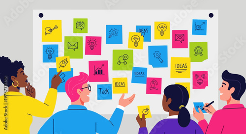 Diverse team brainstorming with colorful sticky notes