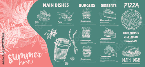 Summer menu. Restaurant food menu design, hand drawn illustrations.