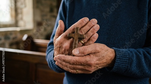 Close-up of hands gently holding a small wooden Christian cross in a prayerful gesture, soft light, spiritual devotion and quiet reverence, ultra-realistic, no logos.