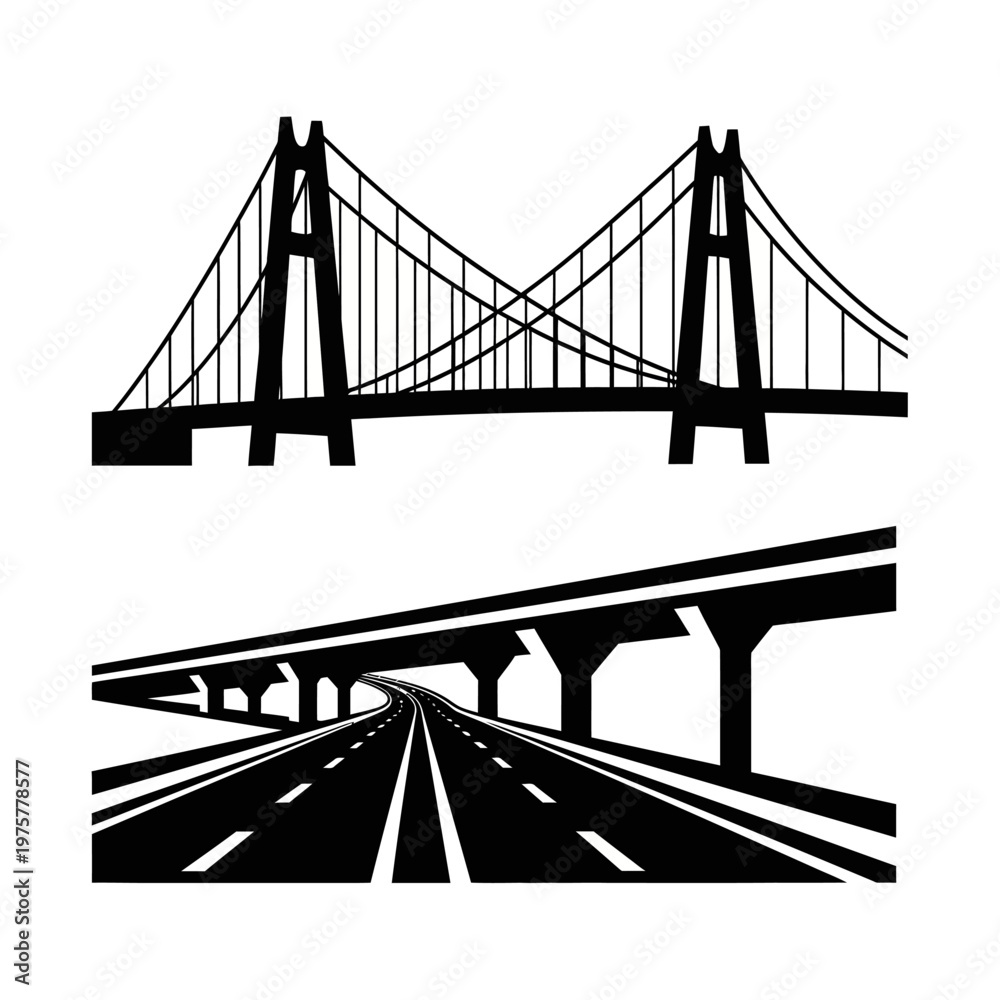 Fototapeta premium Suspension bridge and elevated highway perspective, urban infrastructure, transportation, engineering, city skyline