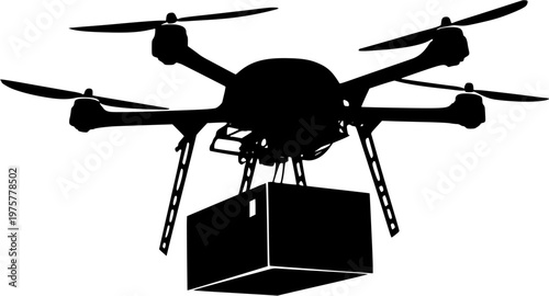 A sleek, black drone with six rotors hovers above a rectangular package, its stark silhouette set against a pristine white backdrop, emphasizing the crisp high contrast edges of this flat vector