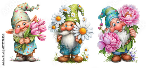 Cute garden gnomes with flowers, illustration set isolated, ai generated image