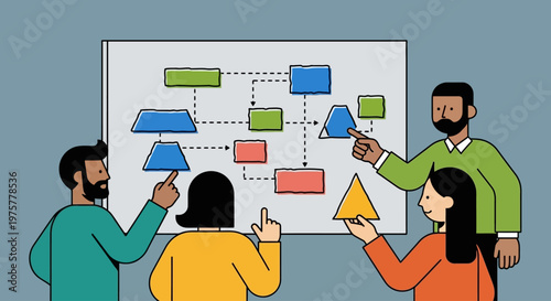 Diverse team collaborating on a workflow diagram