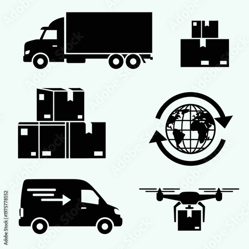 Delivery services icons: truck, van, drone, boxes, globe with arrows