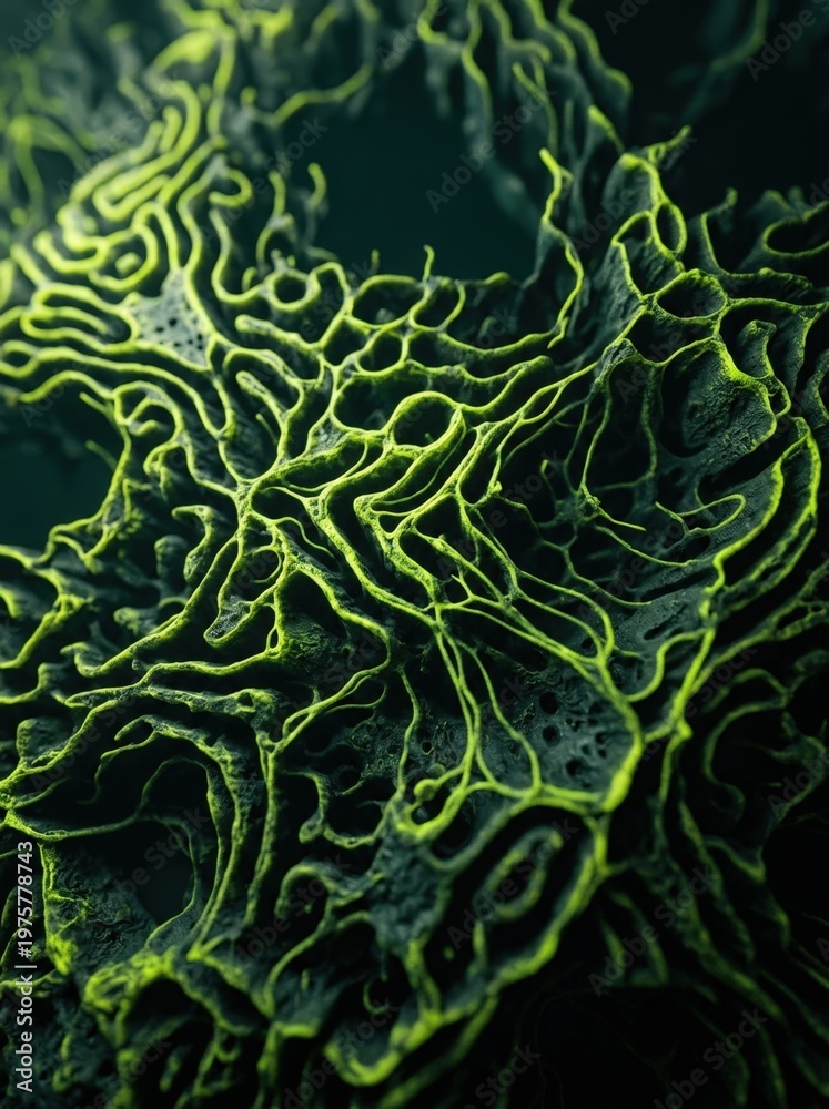 Obraz premium Dark void with large 3D procedural reaction-diffusion Turing-pattern surface frozen mid-evolution, petrol green base with neon yellow-green ridge highlights.