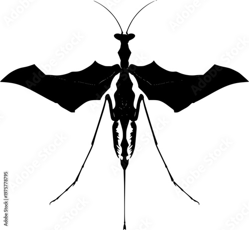 A strikingly elegant mantis with an alien-like shape, rendered in stark black against a pure white background, showcases crisp high contrast edges and minimalist stencil design