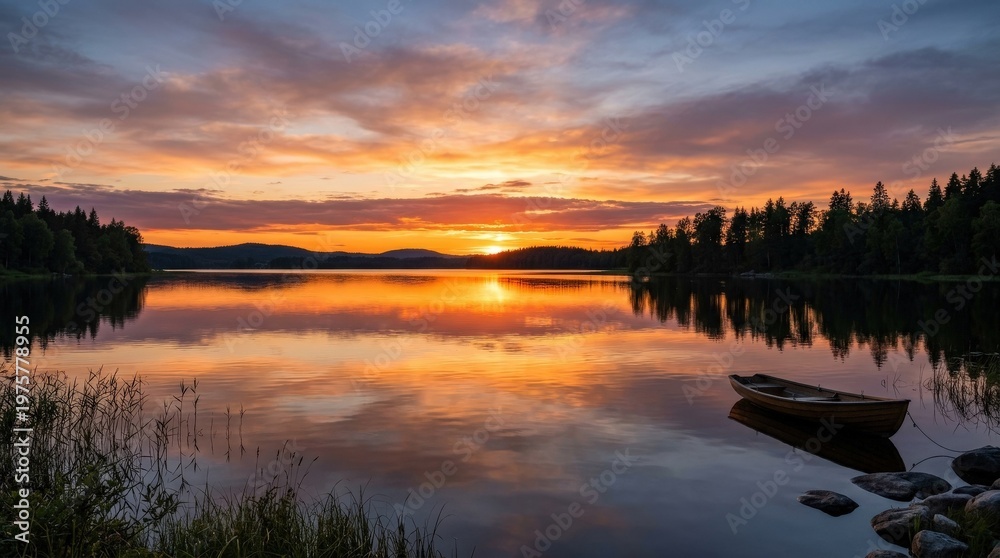 Fototapeta premium A vibrant sunset over tranquil water, glowing horizon, smooth reflections, peaceful stylized nature atmosphere, ultra-realistic, no logos.