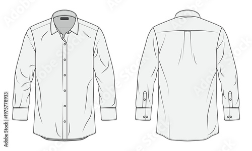 Men's Classic Long Sleeve Dress Shirt Technical Sketch Front and Back View
