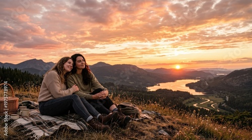 Girl friends watching the sunset in nature, peaceful sky, glowing sun and clouds, reflective companionship atmosphere, ultra-realistic, no logos.