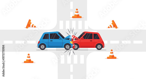 Car crash at a road intersection featuring two vehicles colliding and surrounded by orange traffic cones in a clean vector graphic illustration style.