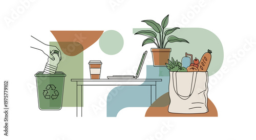 Eco friendly home office workspace with recycling and reusable items