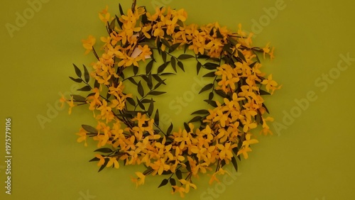 Yellow Floral Wreath on Green Wall Decorative Spring Background