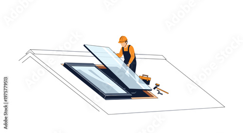 A construction worker in a bright orange hard hat installs a large glass skylight panel onto a roof structure with essential tools placed nearby today.