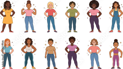 Diverse Women Character Illustration Set Showing Different Body Types, Poses, Fashion Styles, Inclusivity, Confidence, and Modern Female Diversity Representation Design