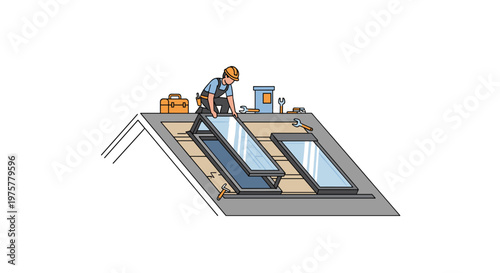 A skilled construction worker kneels on a sloped roof installing a skylight window with a toolbox and various wrenches visible on the shingles nearby.