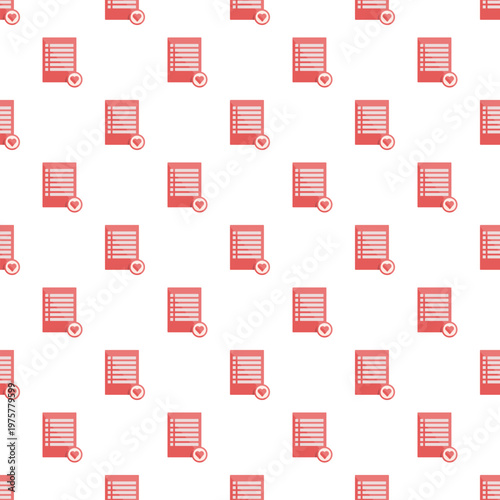 Wish list paper documents with heart icons creating a seamless red and white pattern