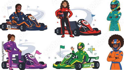 Female Go Kart Racers Illustration Set with Diverse Drivers, Racing Suits, Helmets, Karts, Speed Competition, and Motorsport Character Collection Design