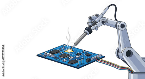 Silver robotic arm performs intricate soldering work on a vibrant blue circuit board in a sterile manufacturing environment with cool diffused illumination.
