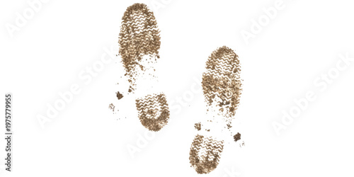 Dirty brown boot footprints with tread patterns isolated on a plain white background