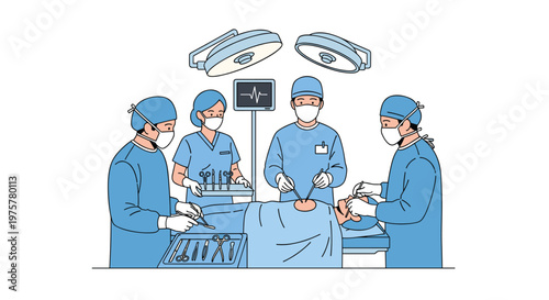 Professional surgical team conducts a meticulous operation on a patient under bright overhead lights in a sterile hospital room with cool clinical lighting.
