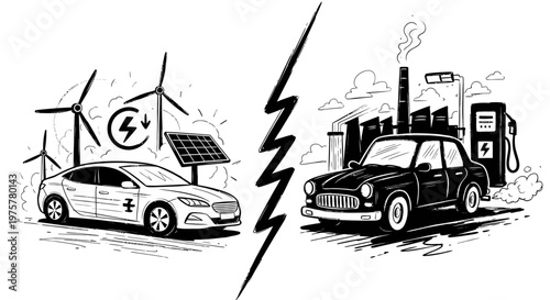 Eco friendly transportation concept with electric and gas powered cars