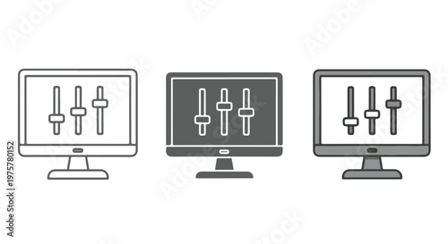 Set of three computer monitors displaying audio mixing controls with sliders and equalizer settings
