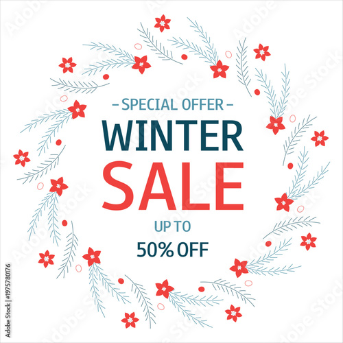Winter Sale background with Abstract Floral Round Frame. Special Offer. Up to 50% off. Template for design, banner, advertising, online store, shop window, promotion, sell out.