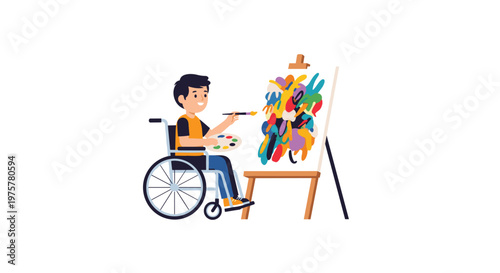Young artist in a wheelchair carefully painting an expressive abstract composition on a wooden easel inside a minimalist bright creative studio space.