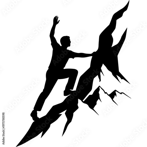 A man in silhouette climbing a mountain peak with determination and strength silhouette