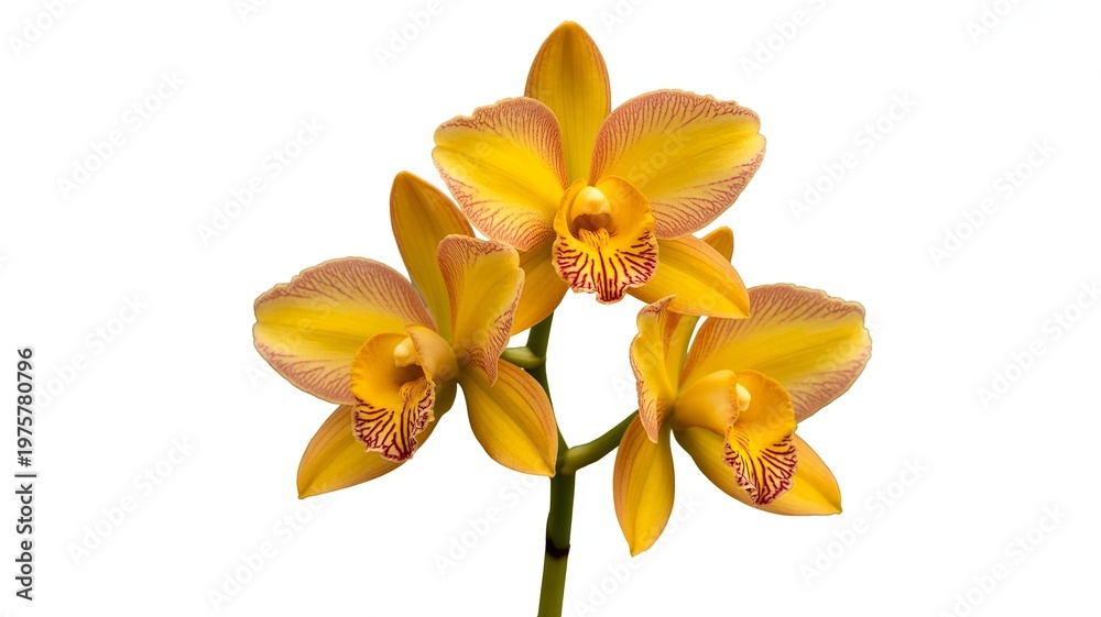 Fototapeta premium Vibrant yellow orchid flowers on stem, tropical cattleya orchid blossoms isolated on white, elegant floral arrangement for spa and wellness