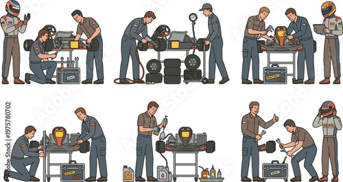Go Kart Maintenance and Repair Process Illustration Set with Mechanics Working on Racing Vehicle, Tools, Equipment, Workshop Service, and Inspection Scenes