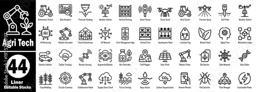 Agri tech symbols outline icons future farming technology concept.