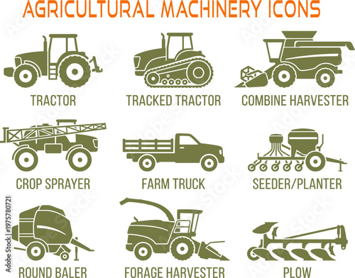 Agricultural machinery icons set collection of green farm vehicle equipment icons on grid.