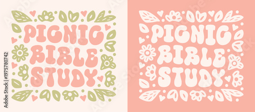 Picnic bible study reading after church lunch date Christian girls kids teen women shirt design reader sticker. Religious summer garden party floral girly pink and green aesthetic card poster print.