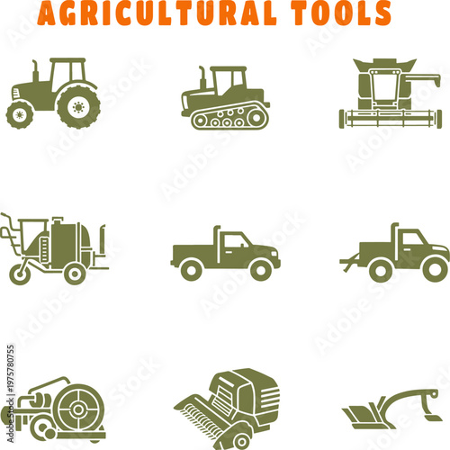 Agricultural tools and farm machinery icons for organic farming and harvesting operations.